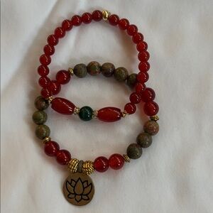 Red Beaded Stretch Bracelet Set with Lotus Charm